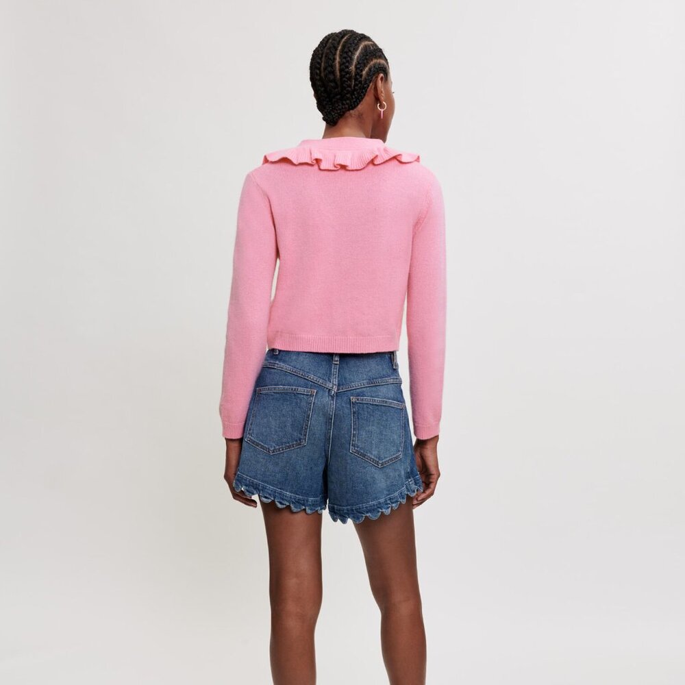 Maje Ruffled Wool-Blend Pink Cardigan - Picture 3 of 10